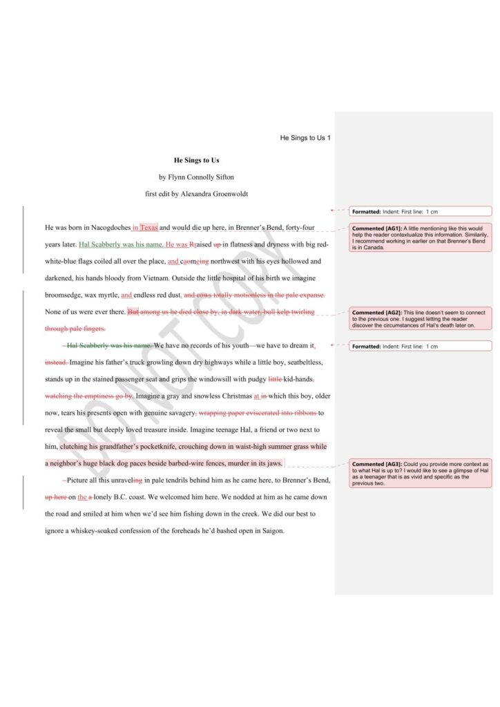 A PNG of my fiction editing sample for a first pass, page 1.