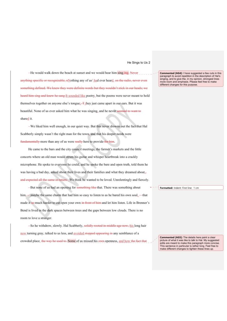 A PNG of my fiction editing sample for a first pass, page 2.